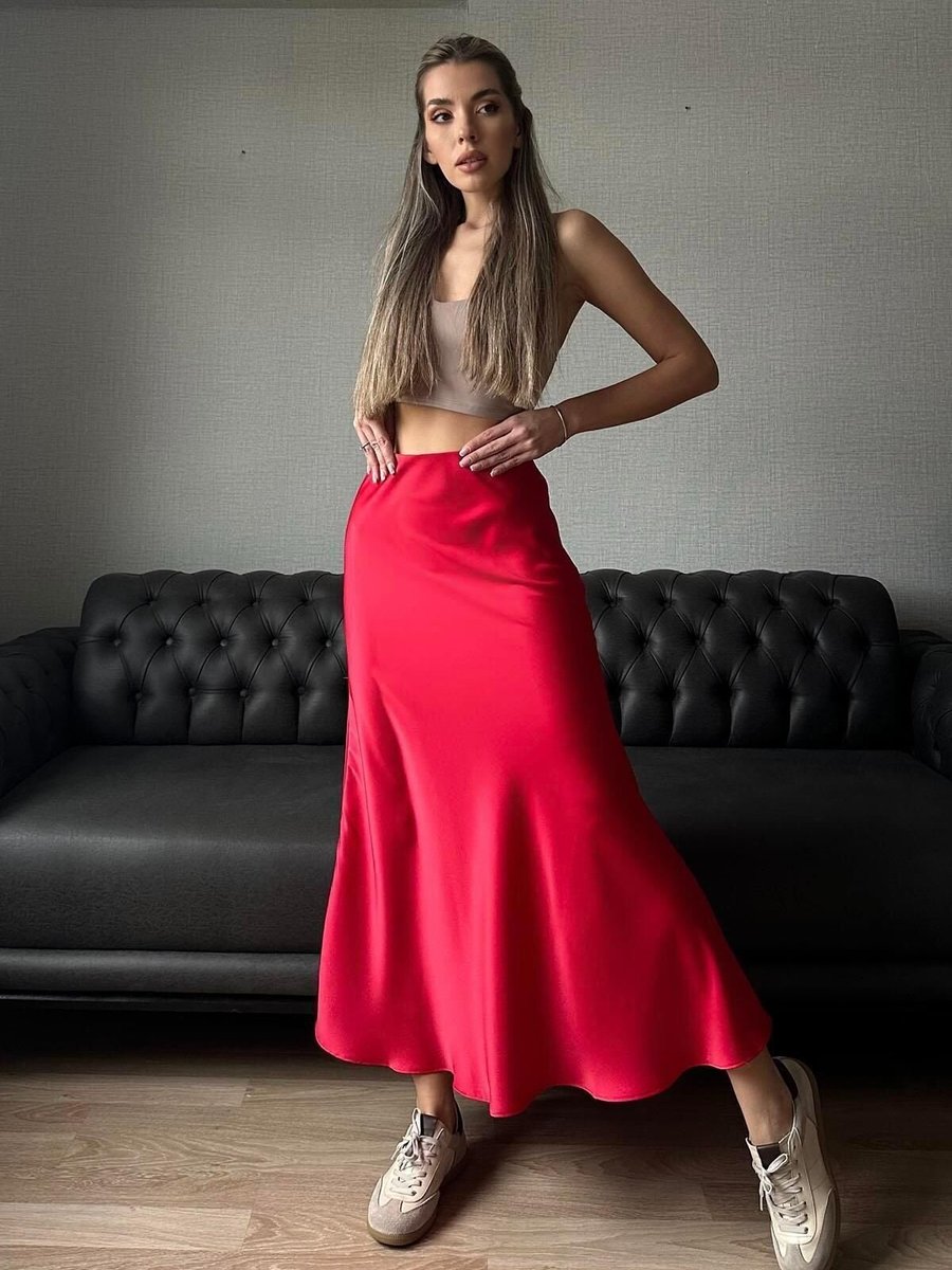 Moda cameo Kırmızı Uzun Saten Balık Etek