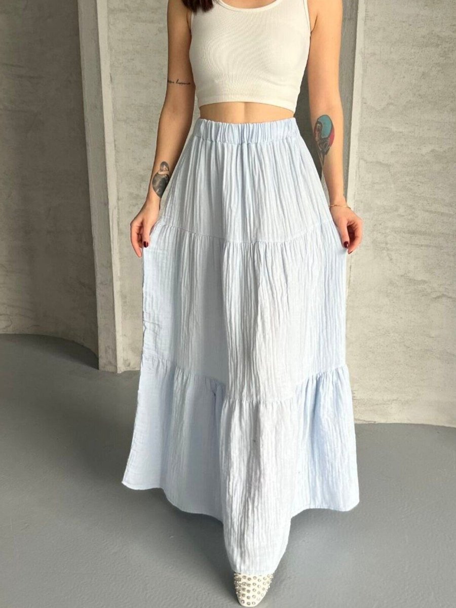 İLKCET MODA Açık Mavi Uzun Büzgülü Katlı Müslin Kumaş Etek