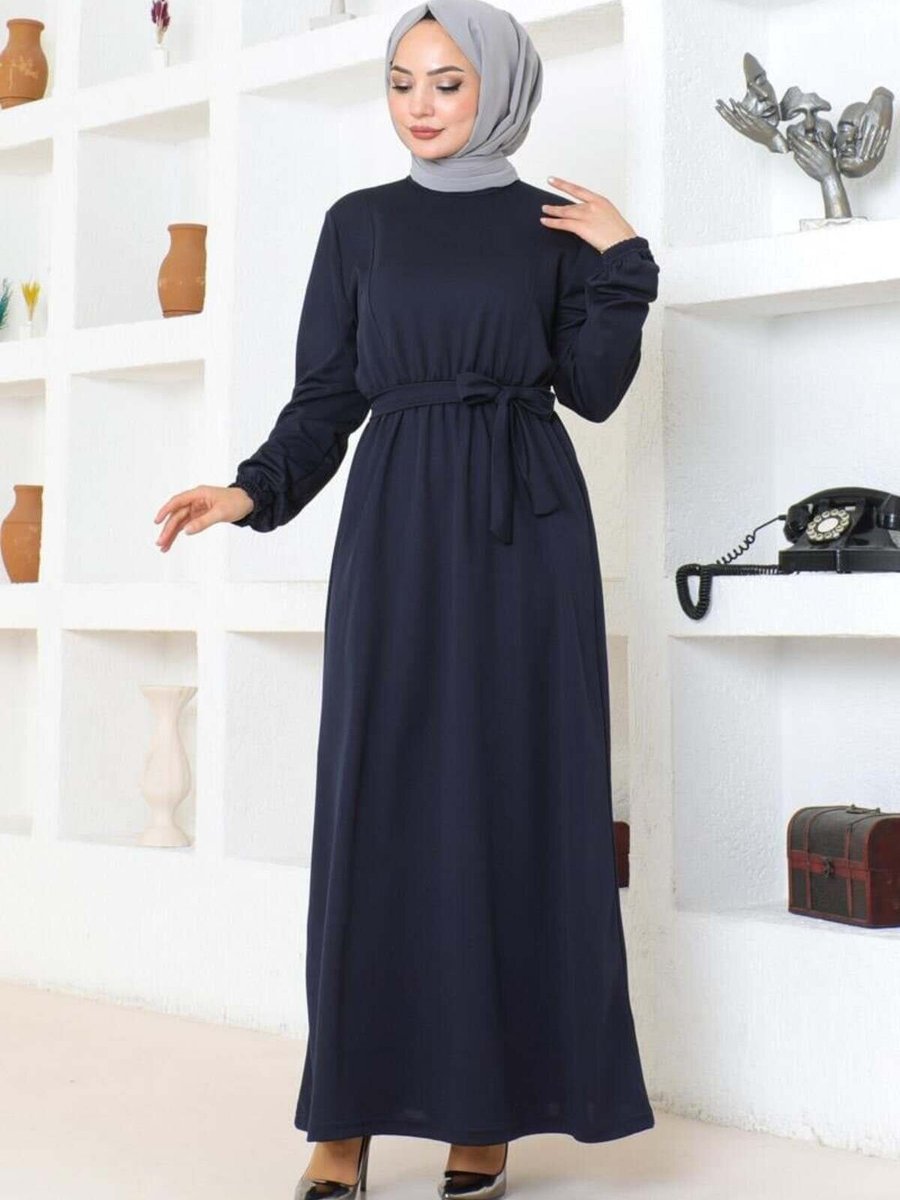 Mec Fashion Lacivert Kuşak Detaylı Elbise