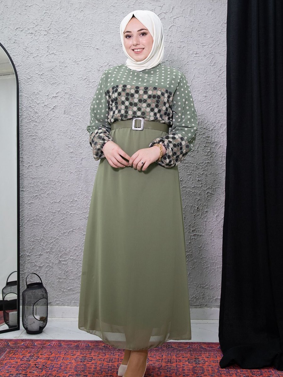 Mec Fashion Yeşil Puantiyeli Elbise