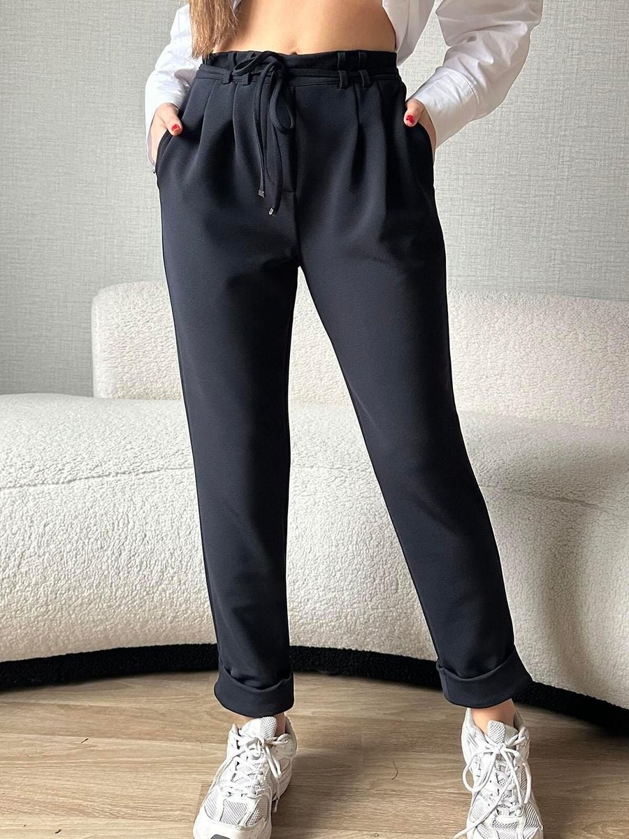 Moda cameo Lacivert İhracat Bel Bağlamalı Pileli Pantolon