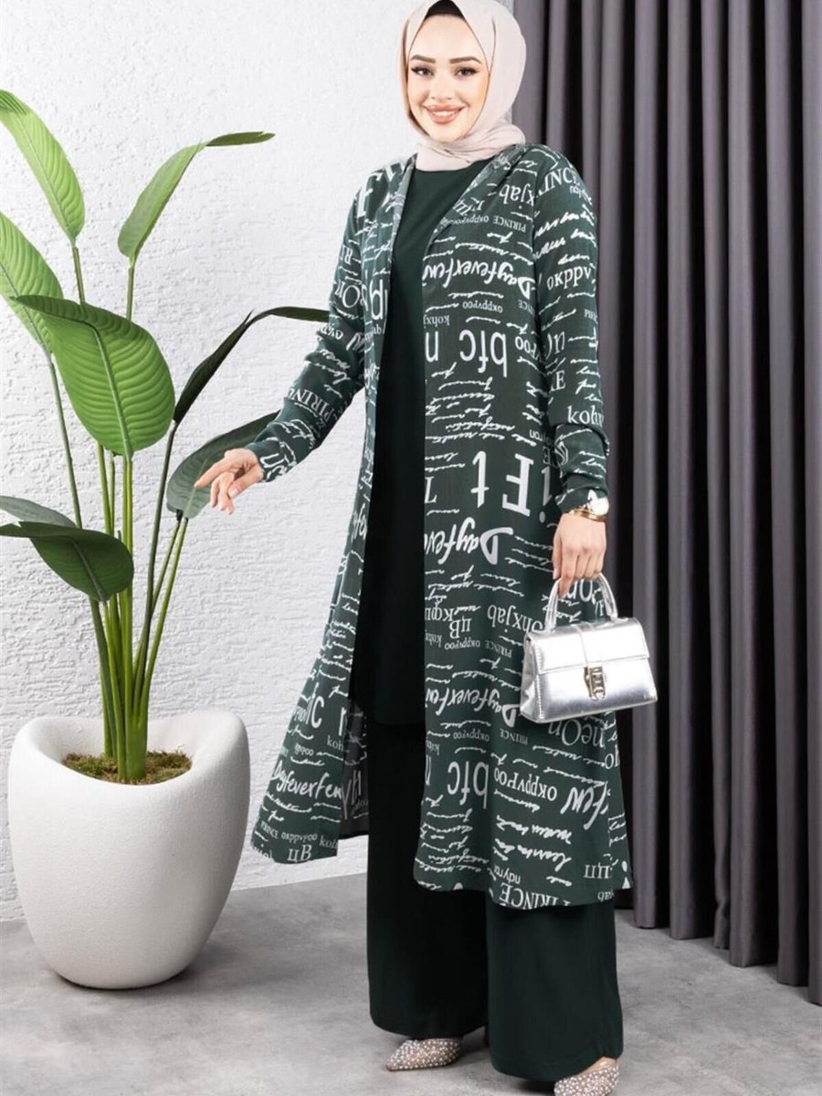 Mec Fashion Zümrüt Yeşili Yazılı Üçlü Takım