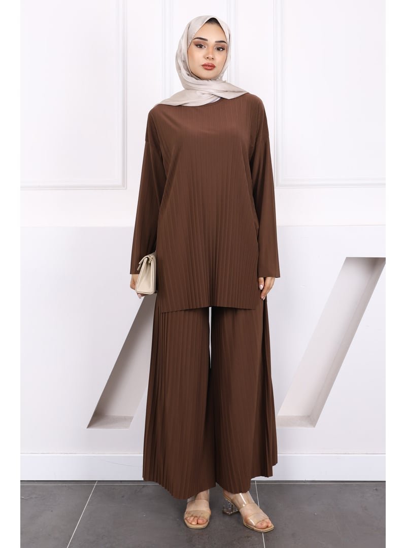 İmaj Butik Açık Kahve Piliseli Sandy Tunik Pantolon Takım