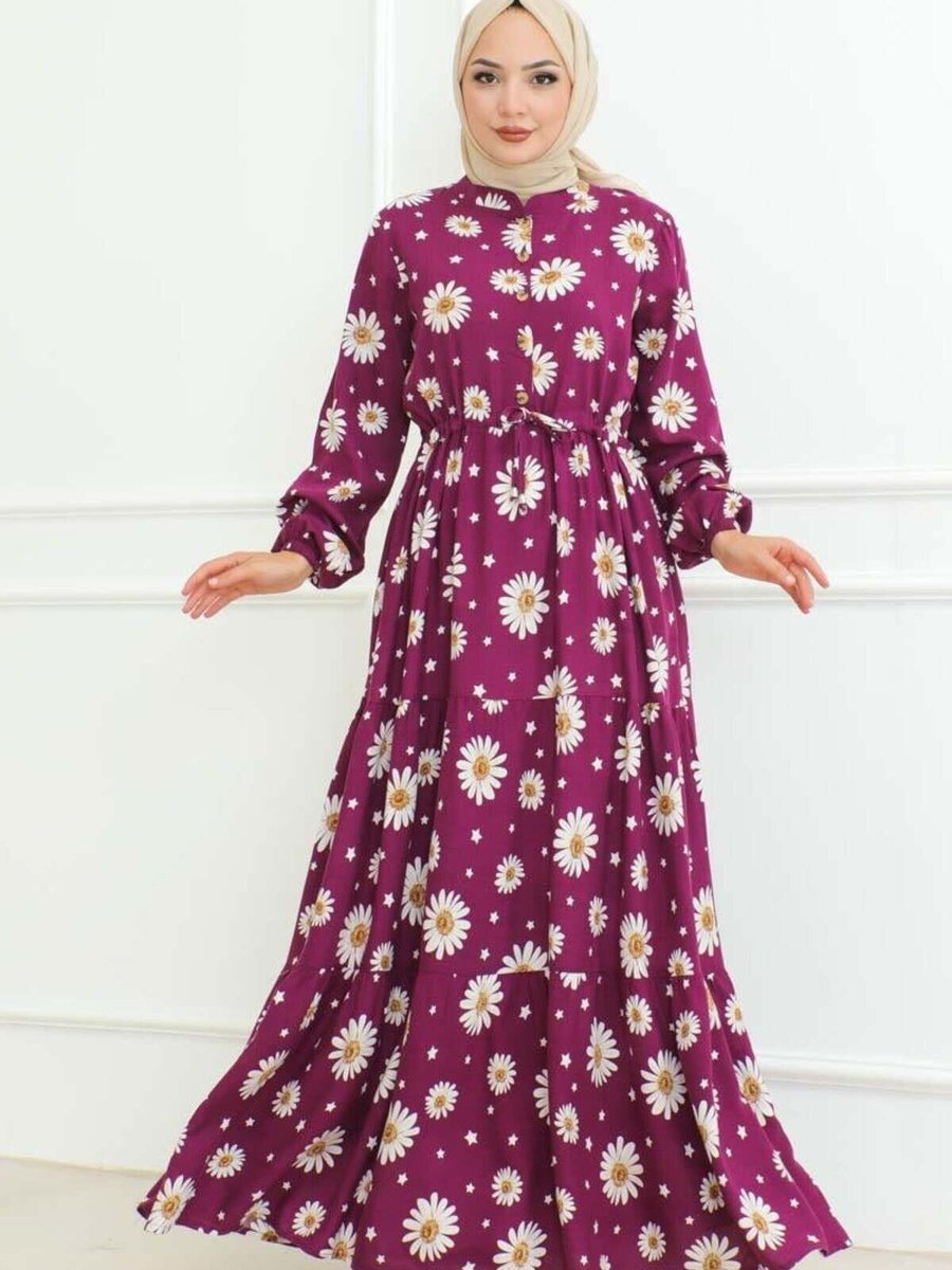 Mec Fashion Mürdüm Papatya Desenli Elbise
