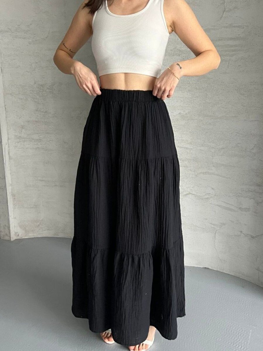 İLKCET MODA Siyah Uzun Büzgülü Katlı Müslin Kumaş Etek