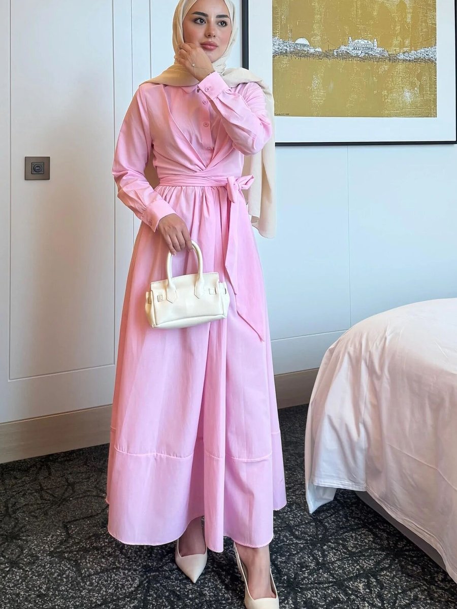 Swana Toz Pembe Yaka Bağlamalı Poplin Kumaş Gömlek Elbise