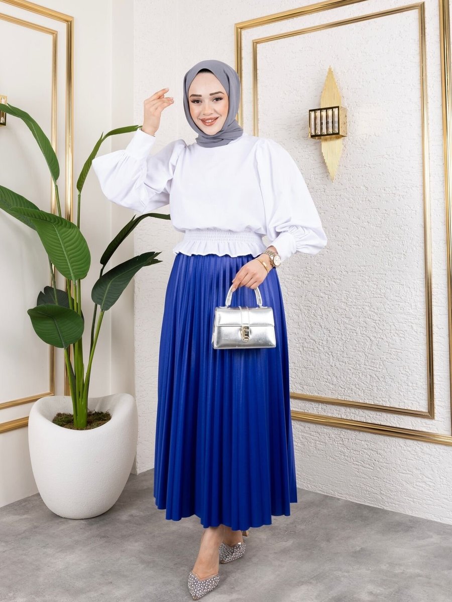SFG Life Moda Mavi Uzun Deri Görünümlü Beli Lastikli Piliseli Etek