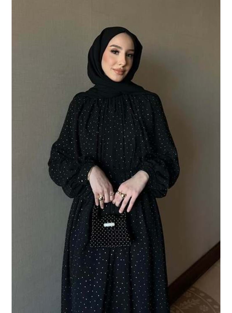 Podyumplus Siyah Taşlı Şifon Elbise