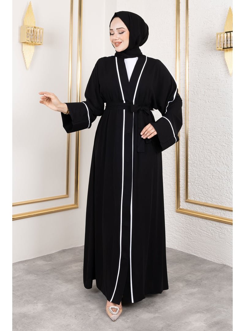 Tesettür Dünyası Siyah Çıtçıtlı Biye Detaylı Şallı Abaya