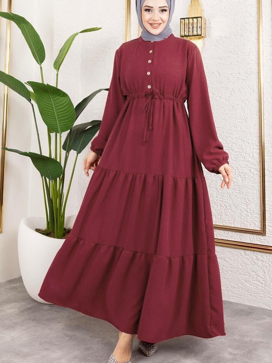 Mec Fashion Bordo Afra Bağcık Detaylı Elbise