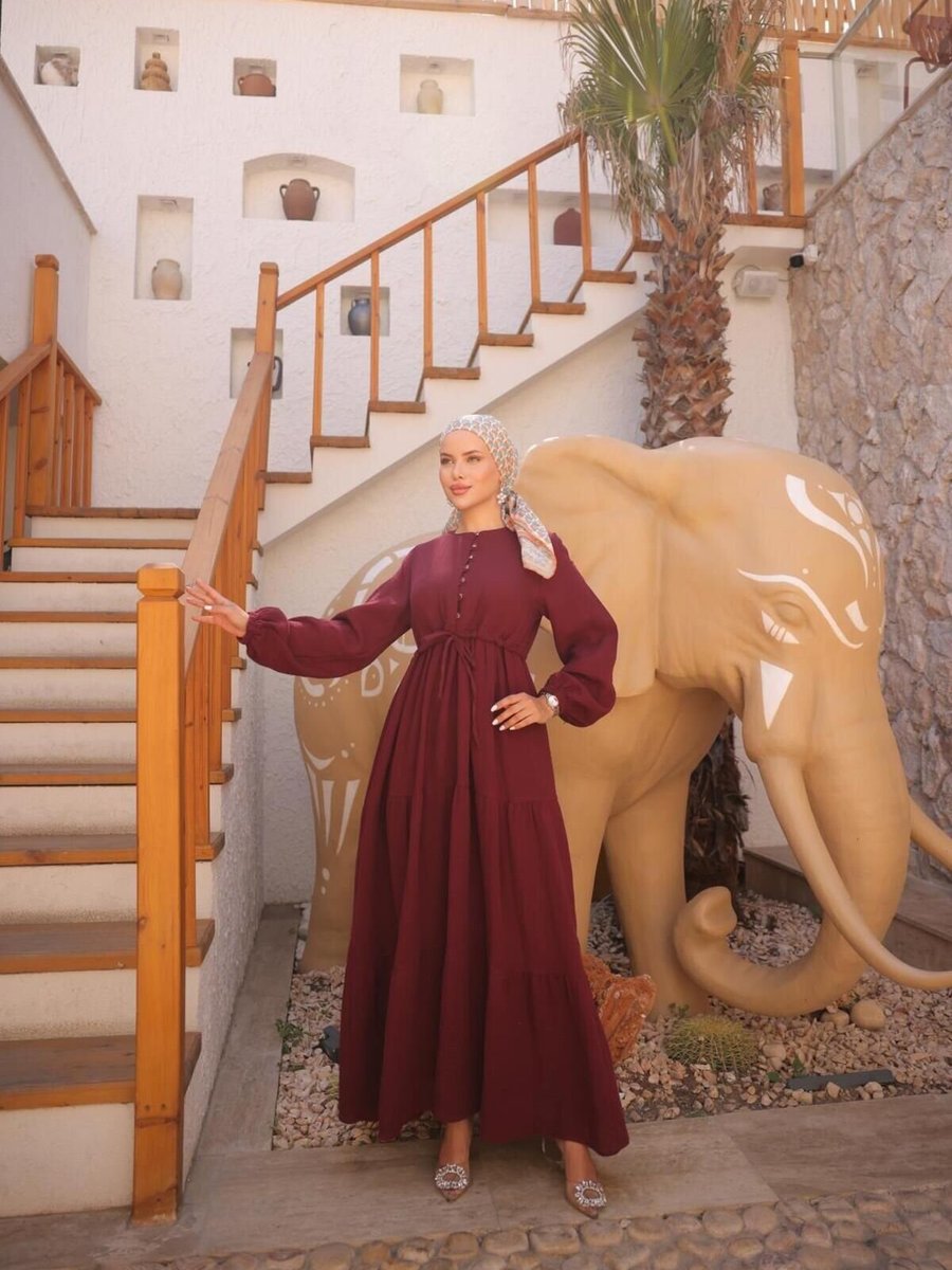 Nissra Bordo Belden Bağlamalı Çingene Model Müslin Elbise