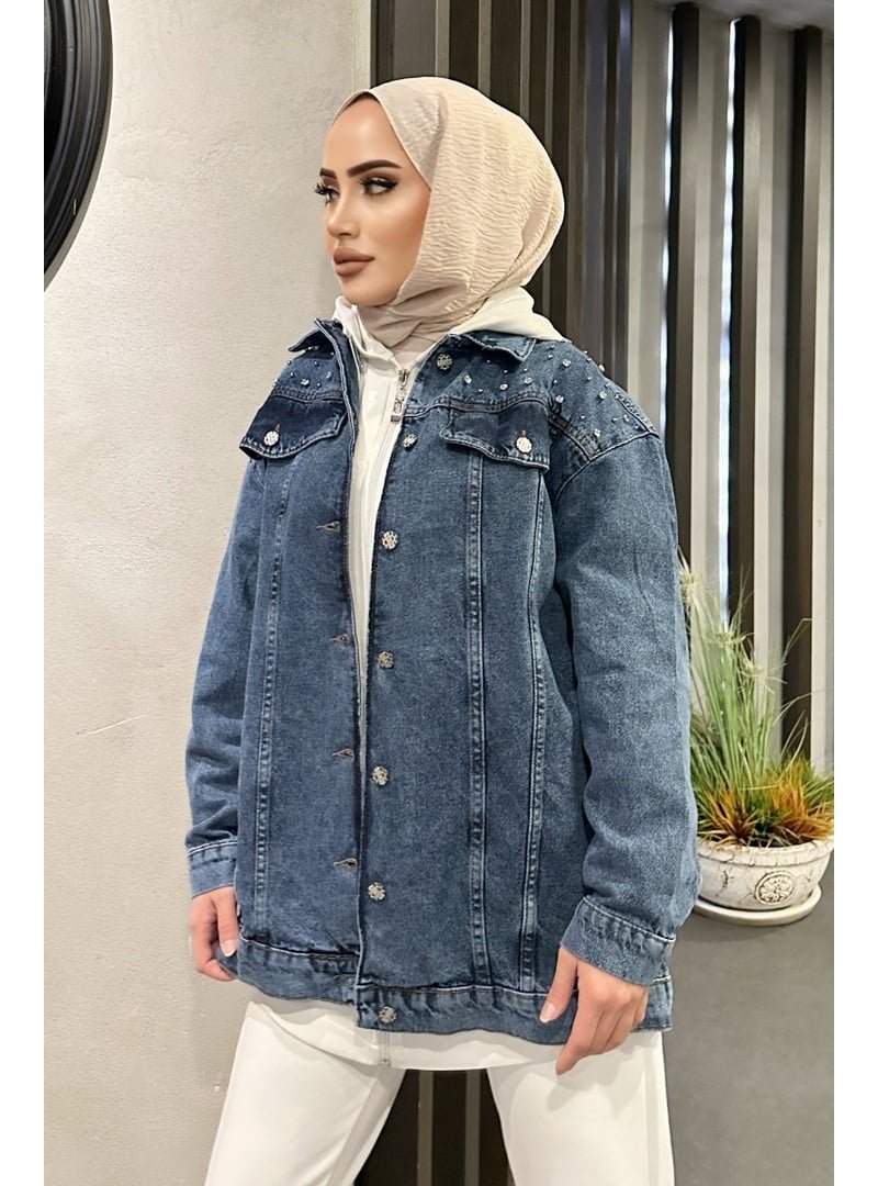 Tofisa Koyu Mavi Omuz Taş Detaylı Oversize Kot Ceket