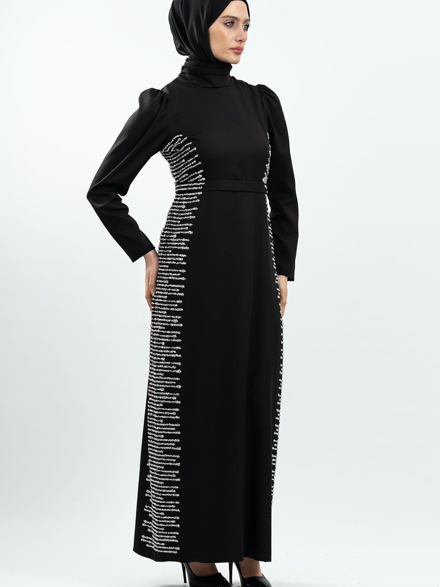Mec Fashion Siyah Taş Detaylı Abiye Elbise