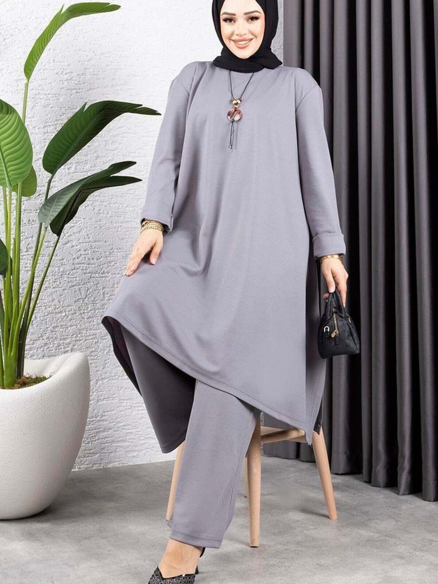 Mec Fashion Gri Kolyeli Yırtmaç Detaylı İkili Takım