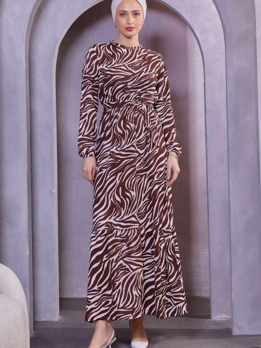 Mec Fashion Kahverengi Yeni Tasarım Desenli Bürümcük Elbise