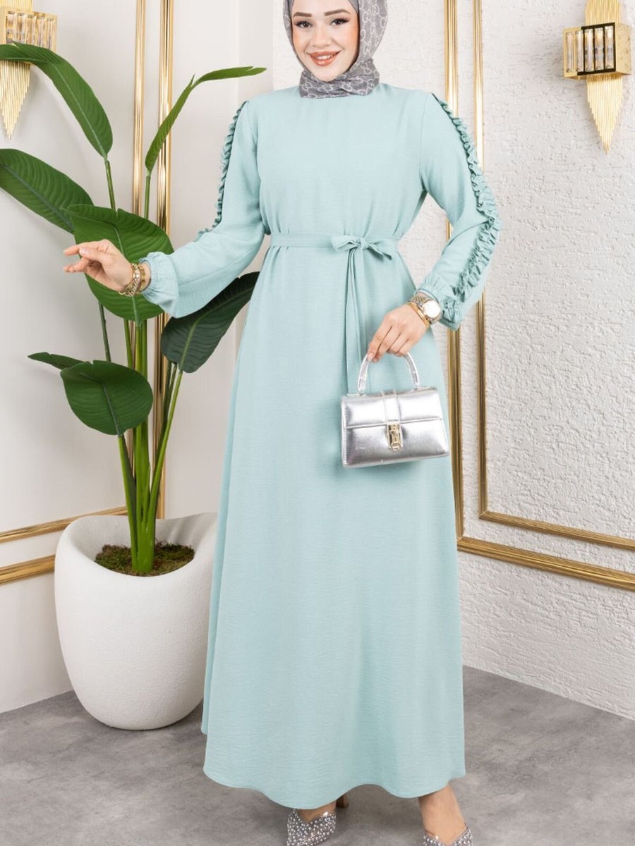 Mec Fashion Turkuaz Kolları Fırfır Detaylı Elbise