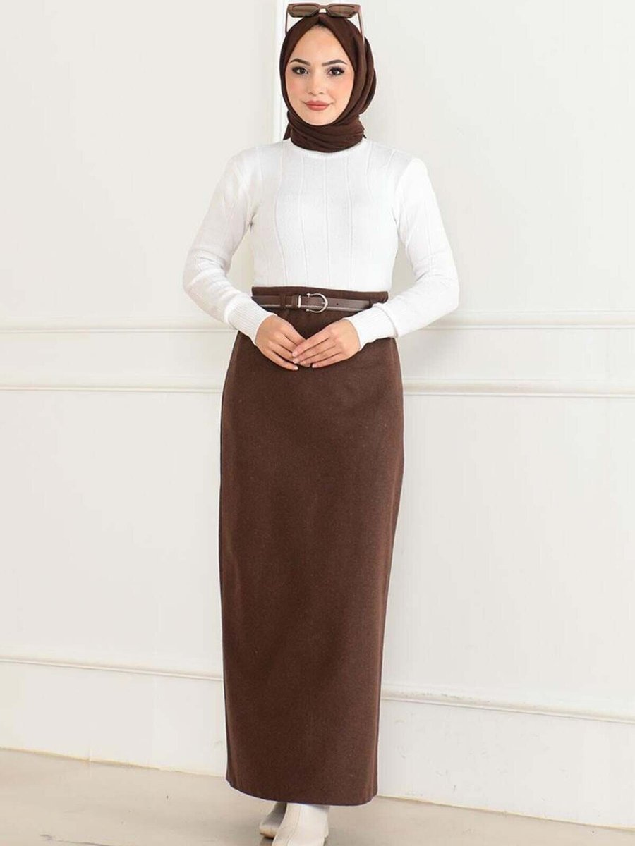 Mec Fashion Kahverengi Uzun Kemerli Kaşe Kalem Etek