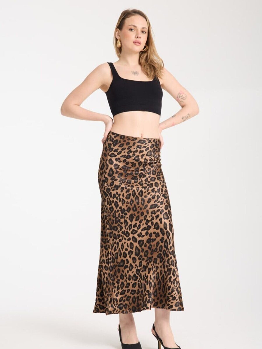İLKCET MODA Leopar Uzun Saten Kumaş Etek