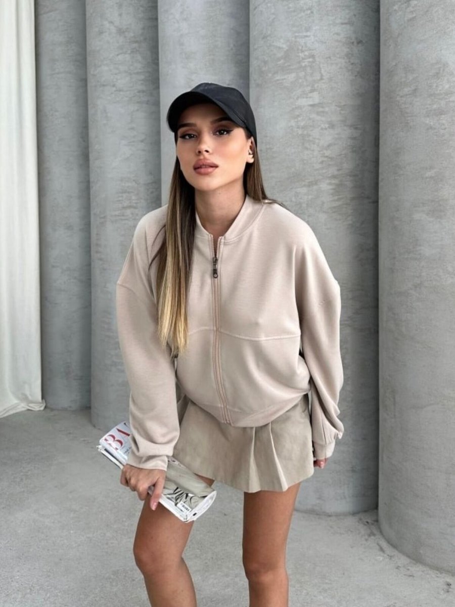 İLKCET MODA Krem Modal Kumaş Fermuarlı Bomber Sweatshirt