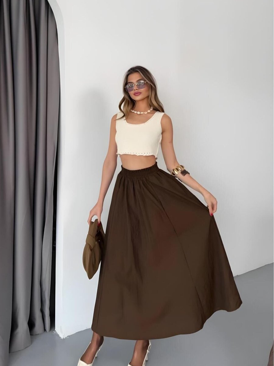 İLKCET MODA Koyu Kahve Uzun Paraşüt Kumaş Bol Kesim Etek