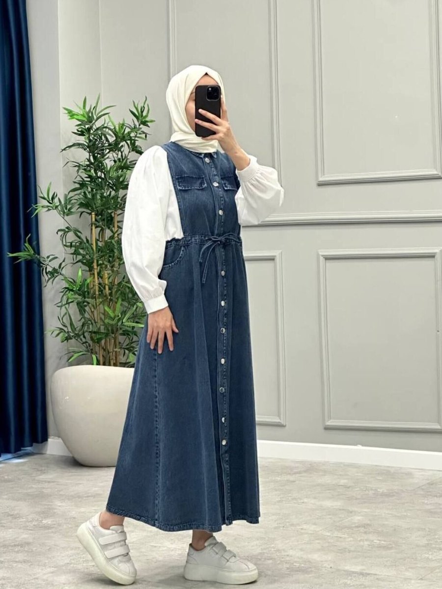 OlaLady Lacivert Kolları Balon Beli Büzgülü Denim Kot Gömlek Elbise