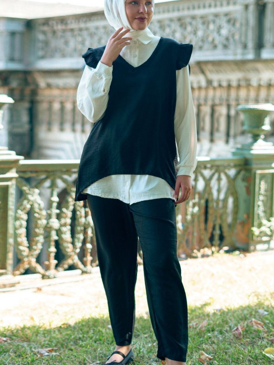 Mec Fashion Siyah Fırfırlı Üçlü Keten İkili Takım