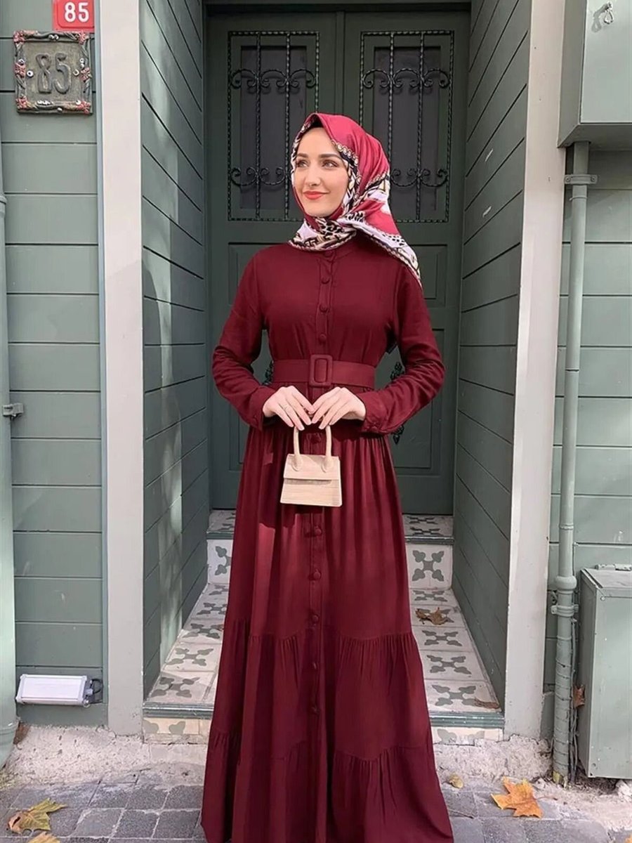 Mec Fashion Bordo Düğmeli Elbise