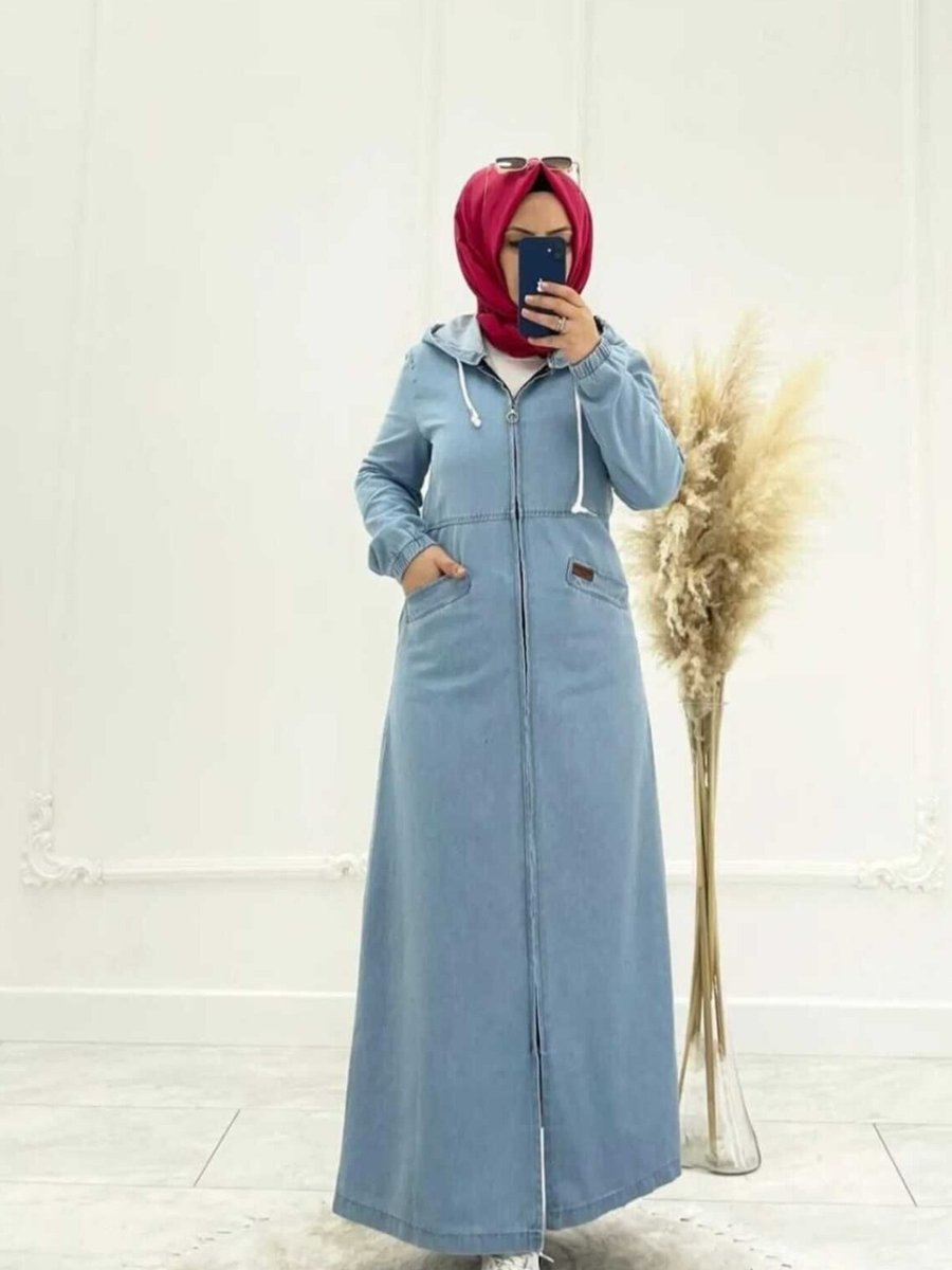 OlaLady Mavi Fermuarlı Kapüşonlu Cep Detaylı Denim Kot Kap Pardesü