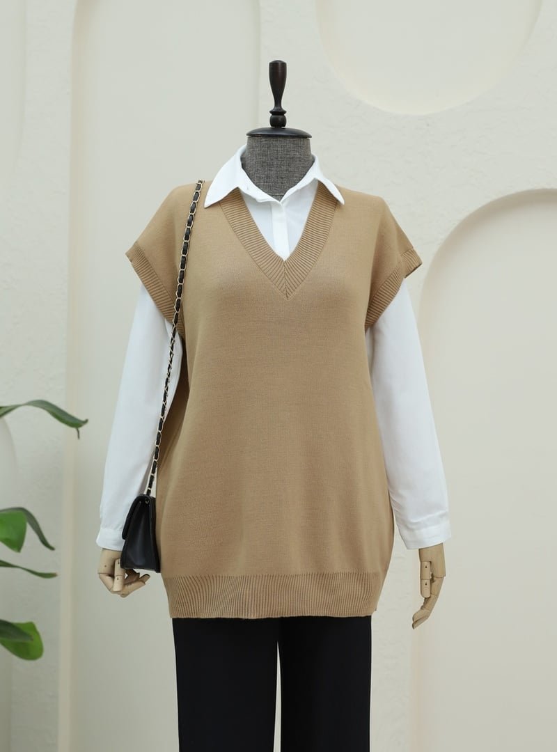 Podyumplus Vizon V Yaka Oversize Triko Süveter