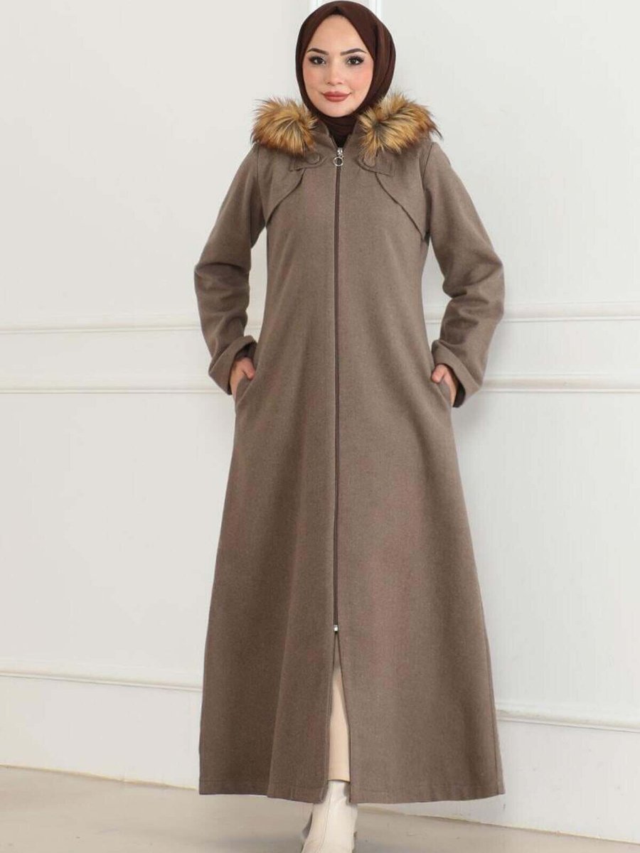 Mec Fashion Vizon Kapüşonu Kürklü Kaşe Kaban