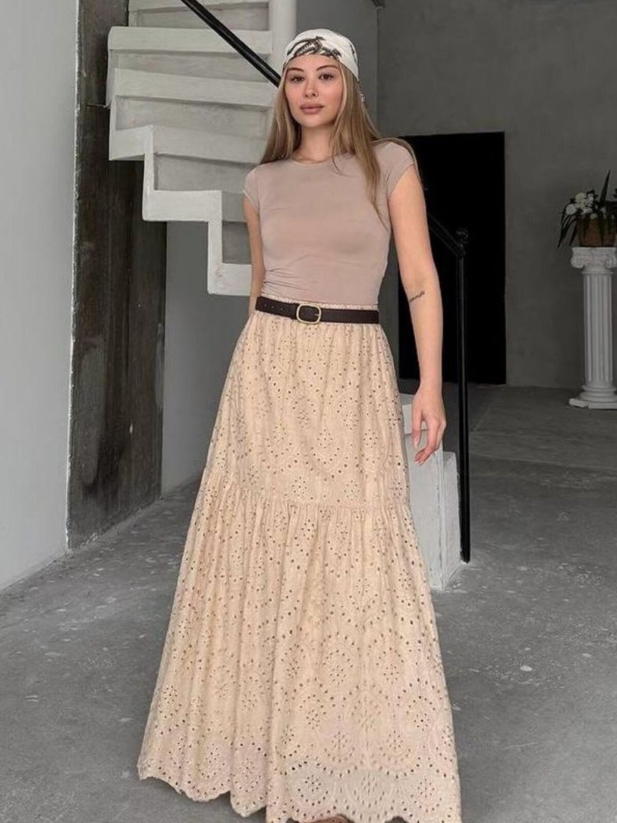 İLKCET MODA Bej Uzun Brode Astarlı Etek