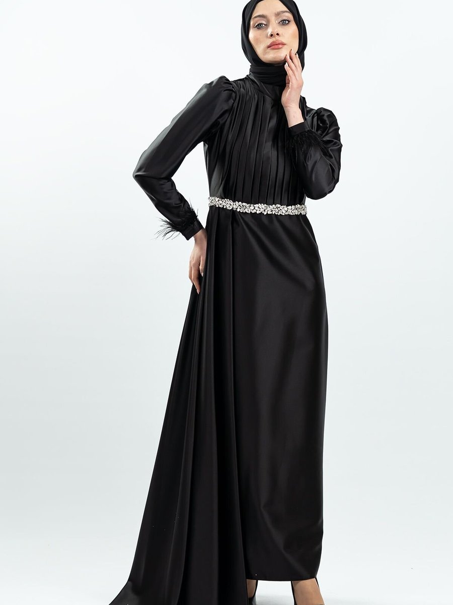 Mec Fashion Siyah Taşlı Saten Abiye Elbise
