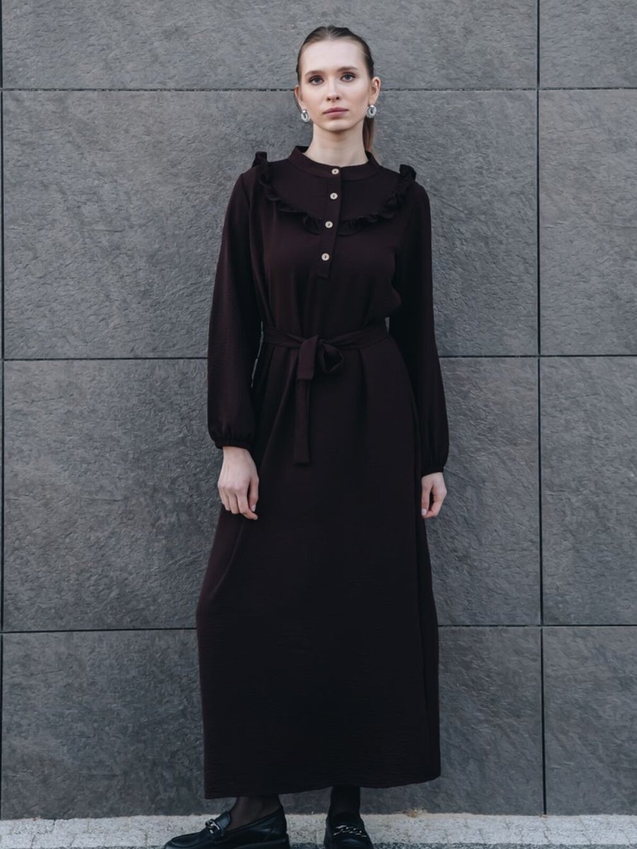 Mec Fashion Kahverengi Önü Düğmeli Kuşaklı Yakası Fırfırlı Ayrobin Elbise