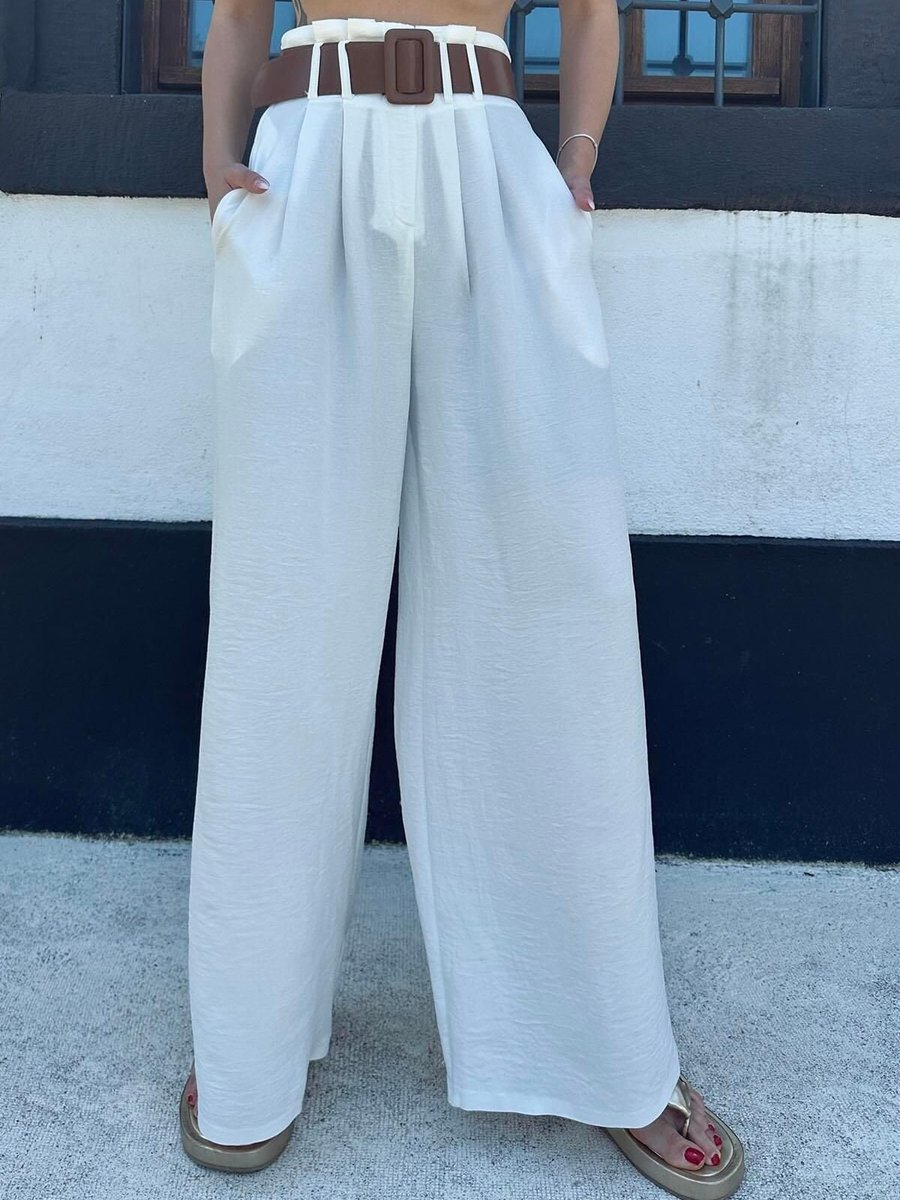 Moda cameo Beyaz Keten Kemerli Bol Paça Pantolon