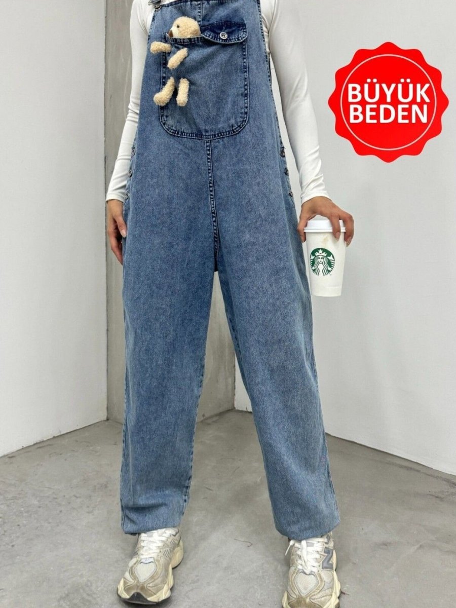 HİJABAYA Buz Mavi Ayıcık Detaylı Askılı Yanları Düğmeli Kot Tulum