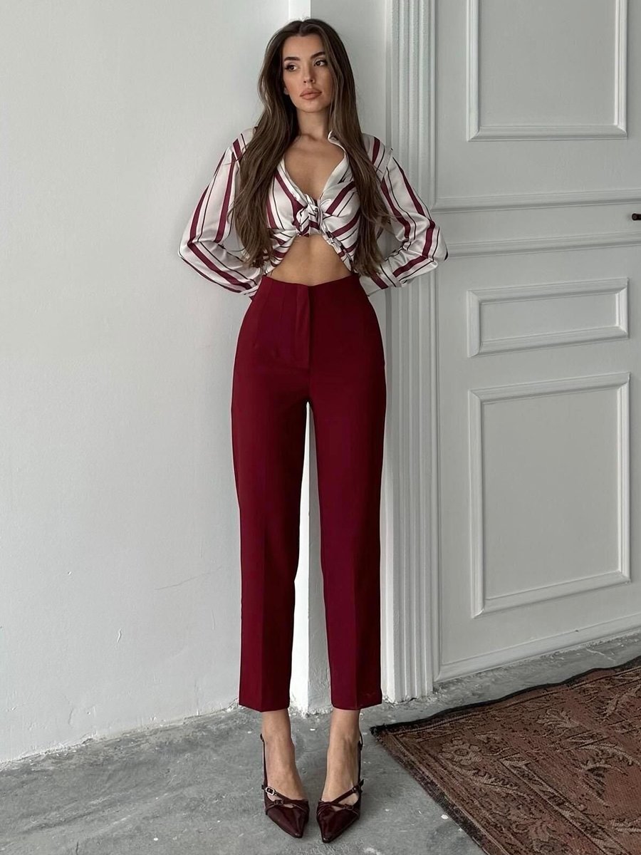 Moda cameo Bordo Yüksek Bel Fletolu Pantolon