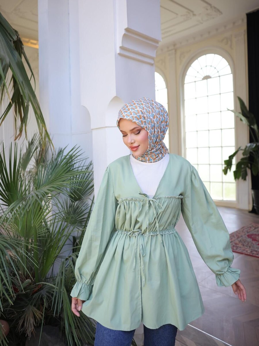 Nergis Neva Butik Yeşil Beli Büzgülü Lastikli Kimono Tunik
