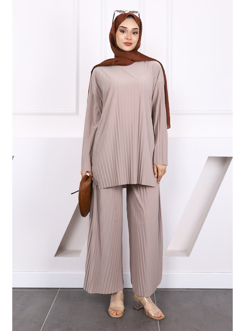 İmaj Butik Açık Vizon Piliseli Sandy Tunik Pantolon Takım