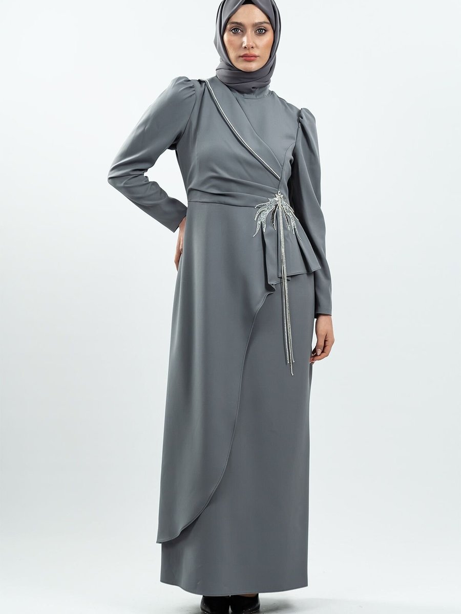 Mec Fashion Gri Taş Detaylı Abiye Elbise