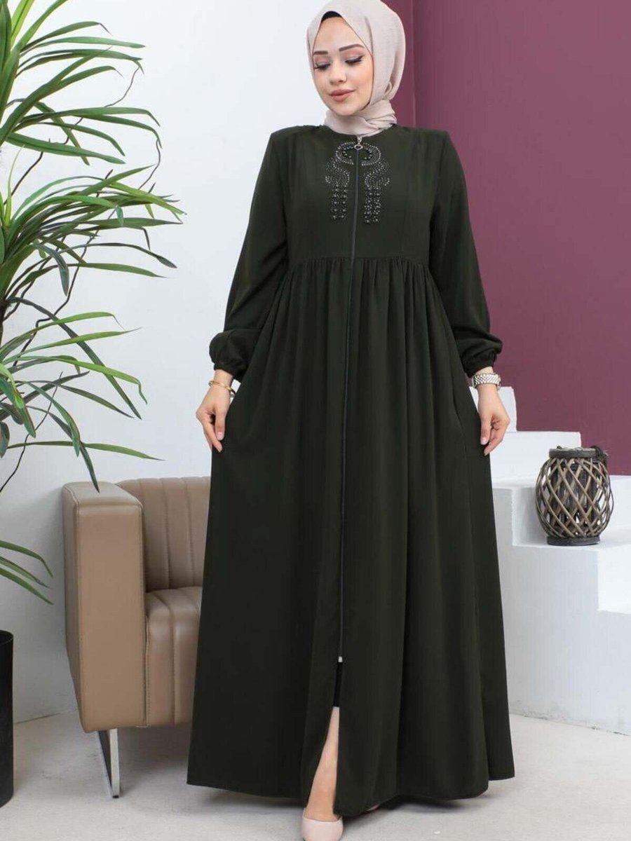 Mec Fashion Haki Boncuklu İşlemeli Ferace