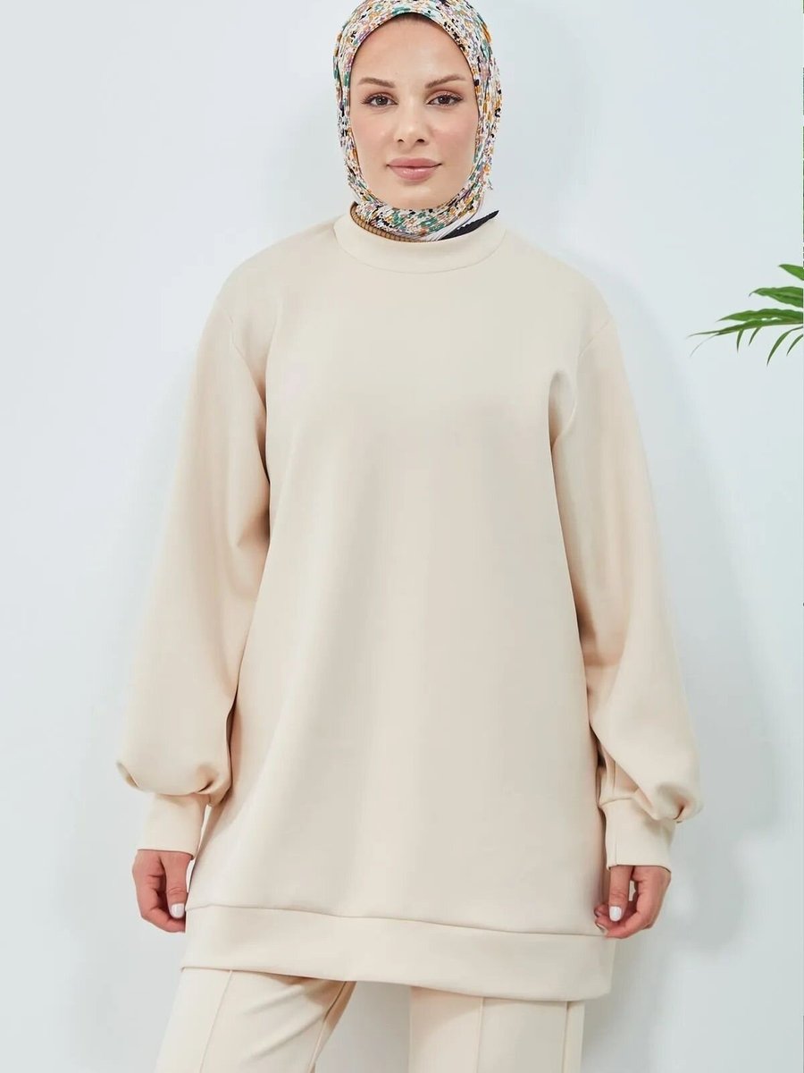 Swana Bej Balon Kol Dalgıç Kumaş Tunik