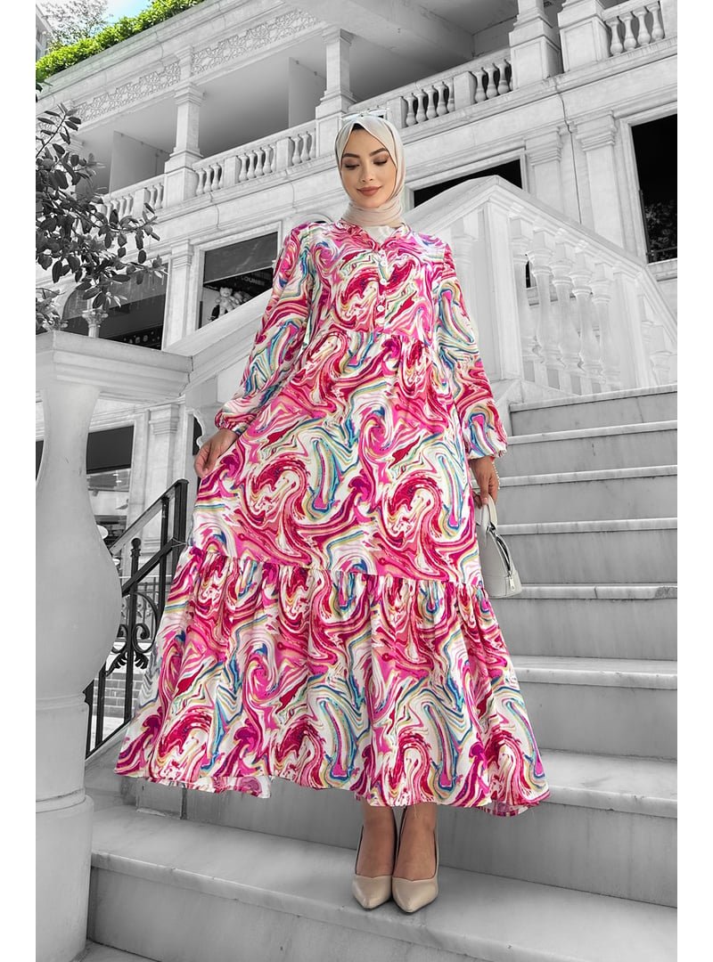 Liz Butik Fuşya Lolita Viskon Desenli Elbise