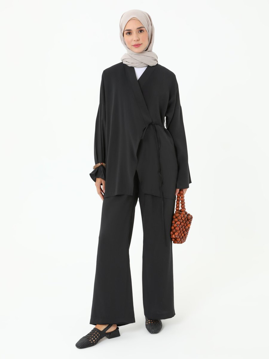 Refka Siyah Modal Pantolon Kimono İkili Takım