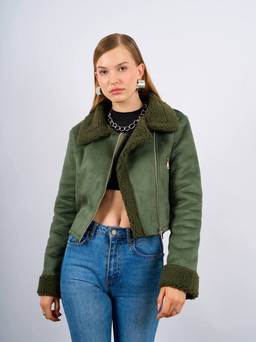 İLKCET MODA Haki Süet Yaka Kürklü Kısa Mont
