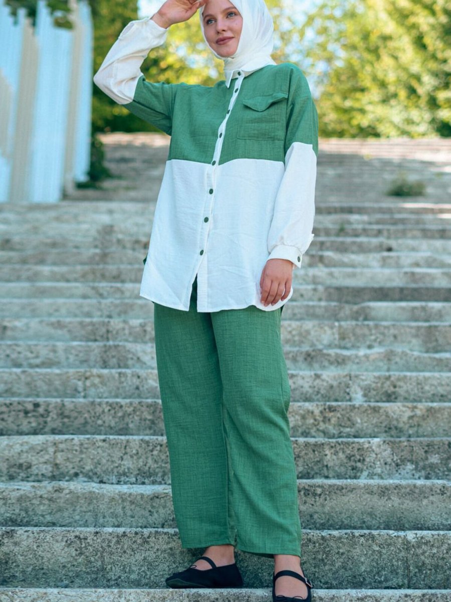 Mec Fashion Yeşil İki Renkli Keten İkili Takım