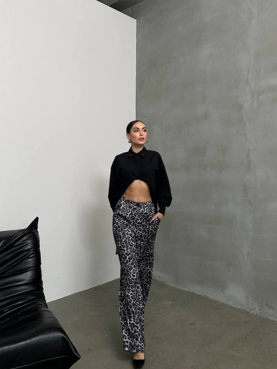 RAWEA FASHİON Siyah Premium Leopar Palazzo Pantolon