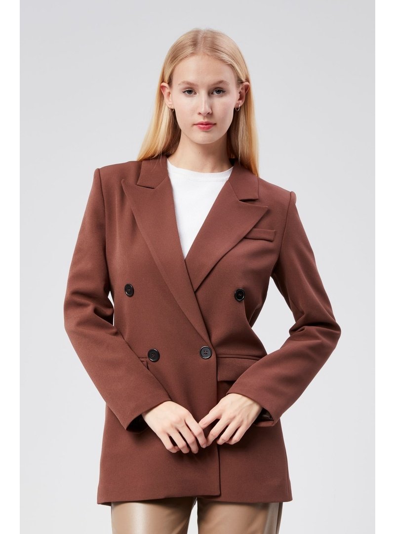 Bolivente Regular Astarlı Kruvaze Kapama Dokuma Oversize Blazer Ceket Kahverengi