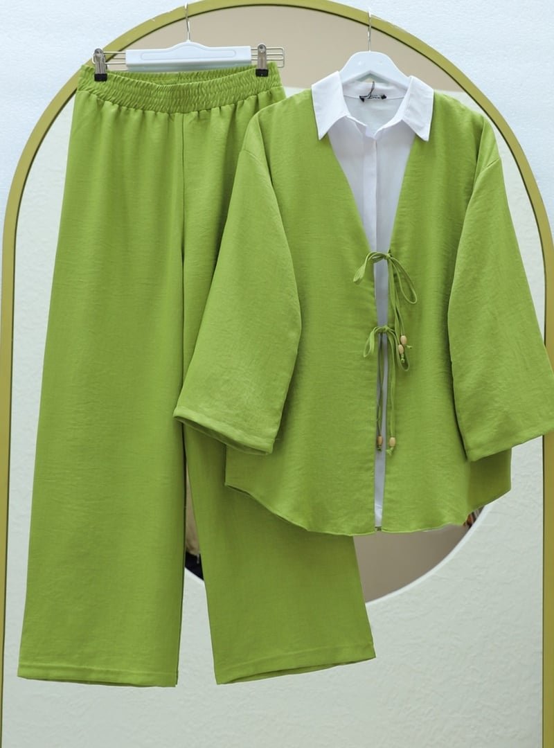 Podyumplus Yağ Yeşili Önü Çift Bağlamalı Pantolonlu Kimono Takım