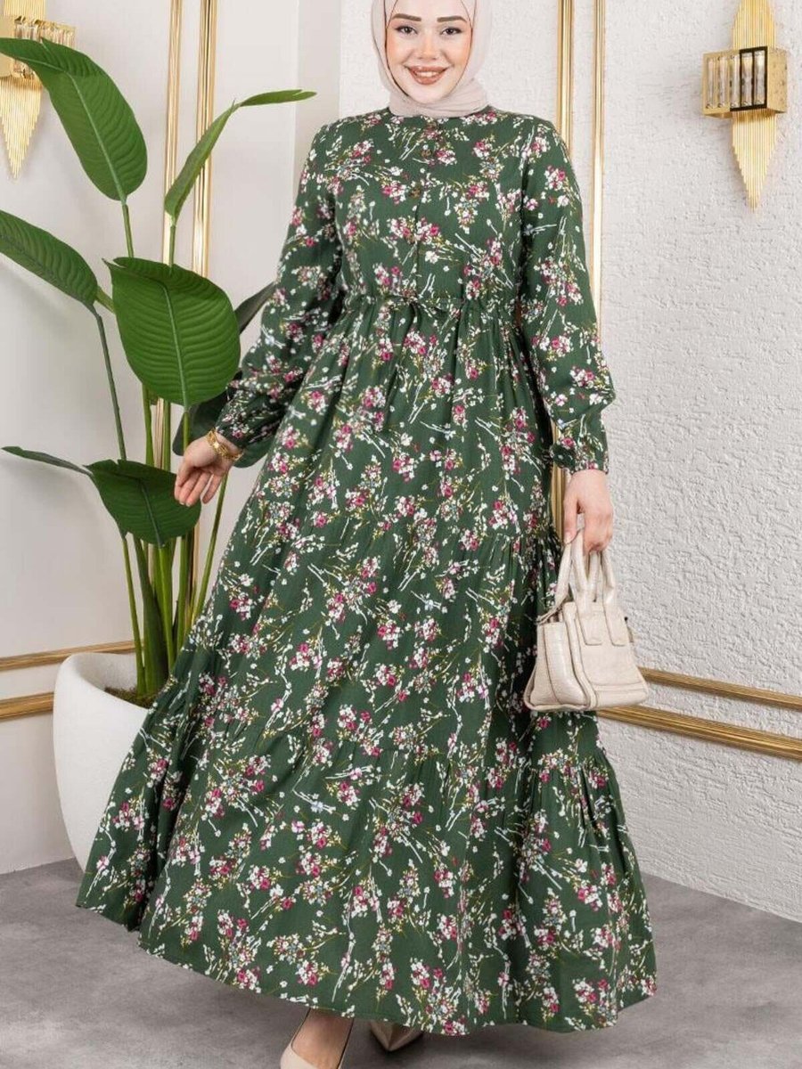 Mec Fashion Haki Asel Çiçekli Viskon Elbise