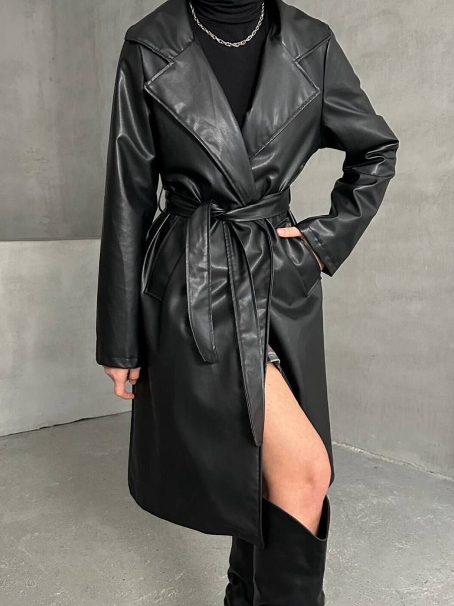 İLKCET MODA Siyah Kuşaklı Düğmesiz Suni Deri Uzun Trençkot